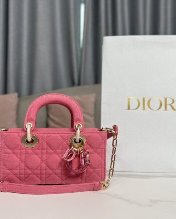 Dior 1103 2023 Lady D-Joy Small Pink Rattan Plaid Denim Handbag