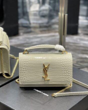ysl white sunset chain wallet in crocodile-embossed shiny leather