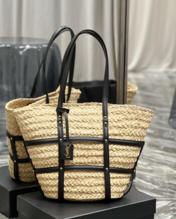 ysl panier medium raffia and smooth leather handbag
